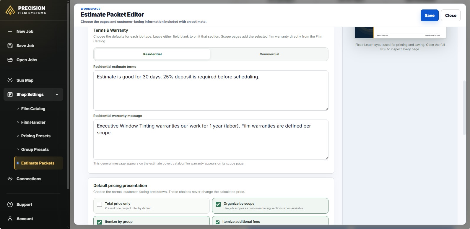Precision Film Systems Estimate Packet Editor showing terms, warranty, pricing presentation, scope organization, group itemization, additional fees, and per-scope page controls