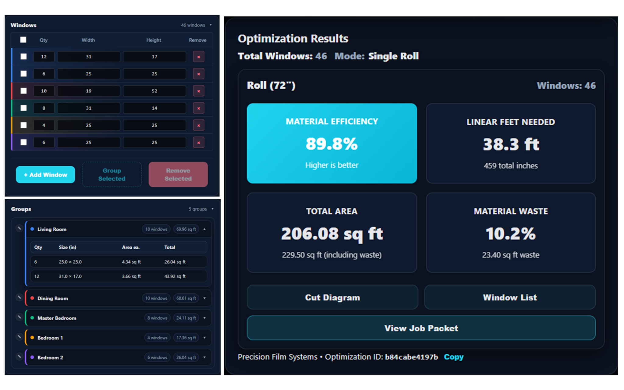 Architectural window film cut plan preview showing efficiency, linear feet, and waste