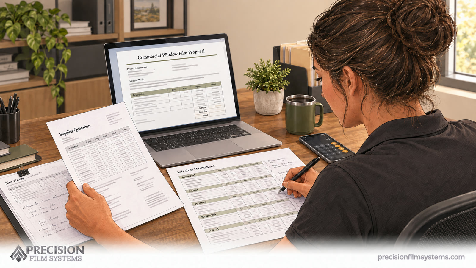 Illustration of an estimator checking a commercial proposal against a supplier quote, job costs, and site notes.