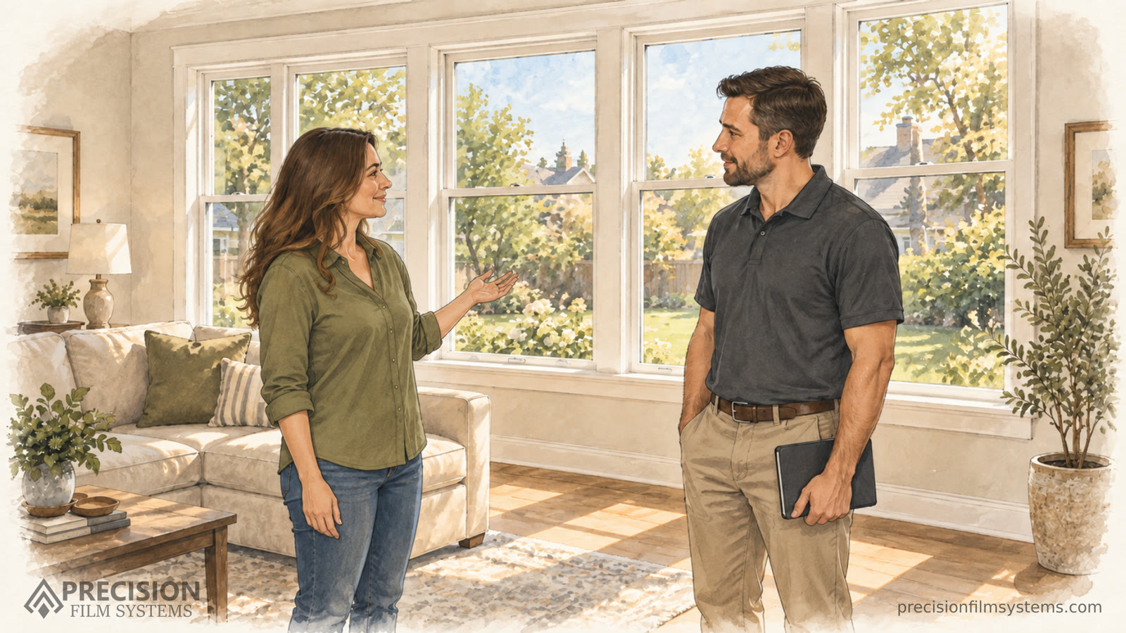 Illustration of a homeowner discussing her living-room windows with a window film installer.