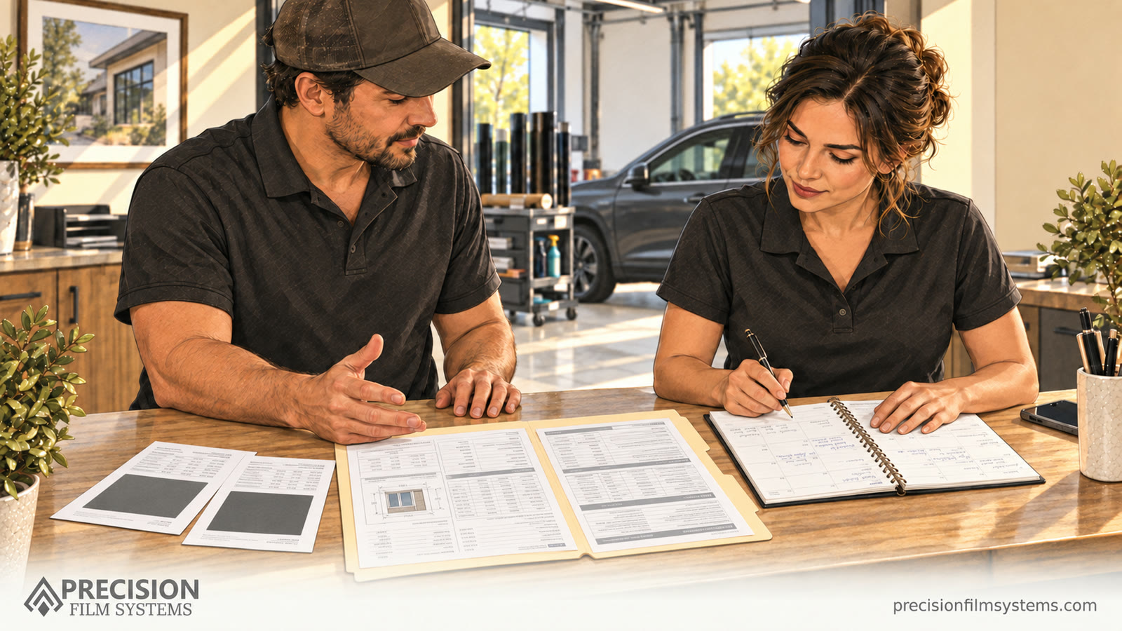 Illustration of two tint-shop staff organizing job paperwork, film samples, and a planner at the shop counter.