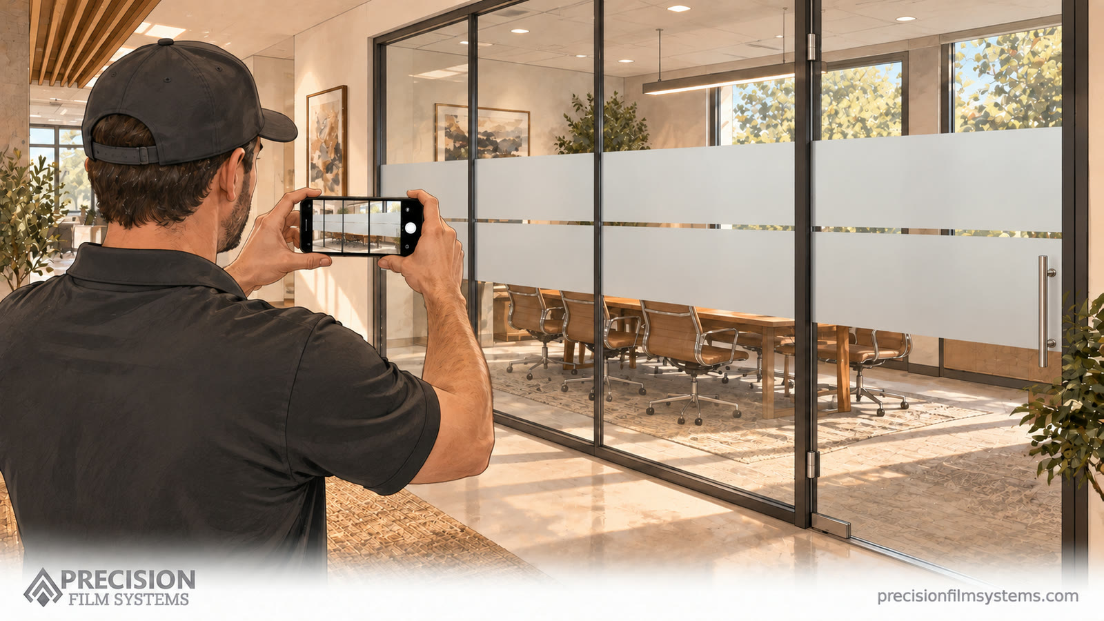 Illustration of an installer photographing a meeting-room glass partition with frosted privacy bands.