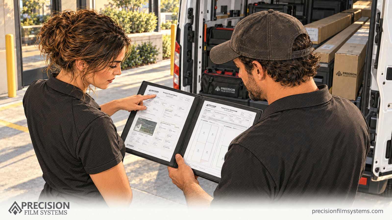 Illustration of two installers reviewing a project detail sheet and film cut diagram beside a loaded van.