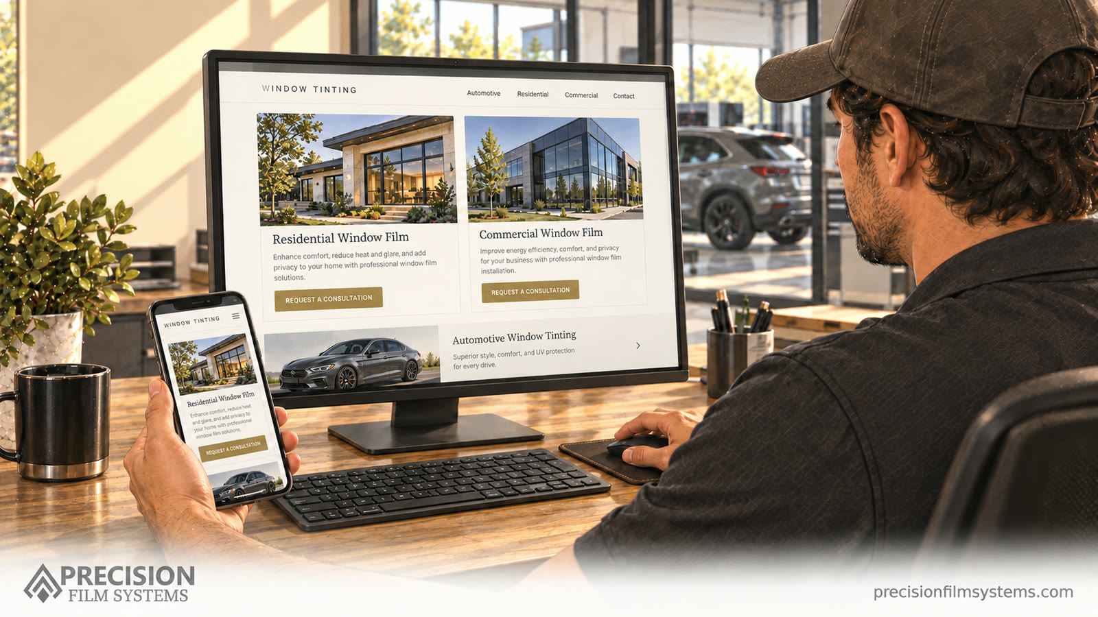 Illustration of a tint-shop owner reviewing residential and commercial service pages on a monitor and phone.
